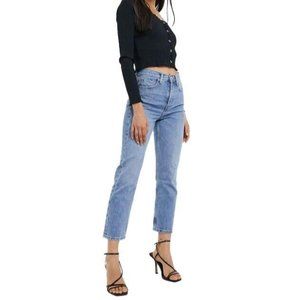TOPSHOP Womens Editor Button Fly Jeans Medium Wash Denim High Rise Pockets Sz 25